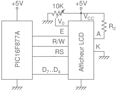 connexions lcd pic16f877a 1